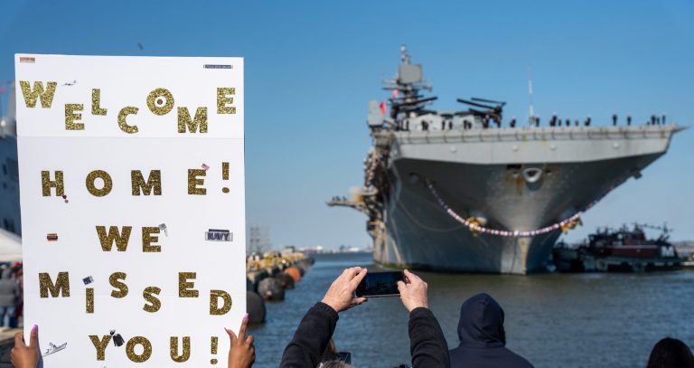 Amphibious assault ship USS Bataan (LHD 5) returns to Naval Station Norfolk following an eight-and-a-half-month Middle East deployment, on March 21, 2024. More than 4,000 Sailors and Marines assigned to the Bataan Amphibious Group operated in the Persian Gulf, Red Sea and eastern Mediterranean.