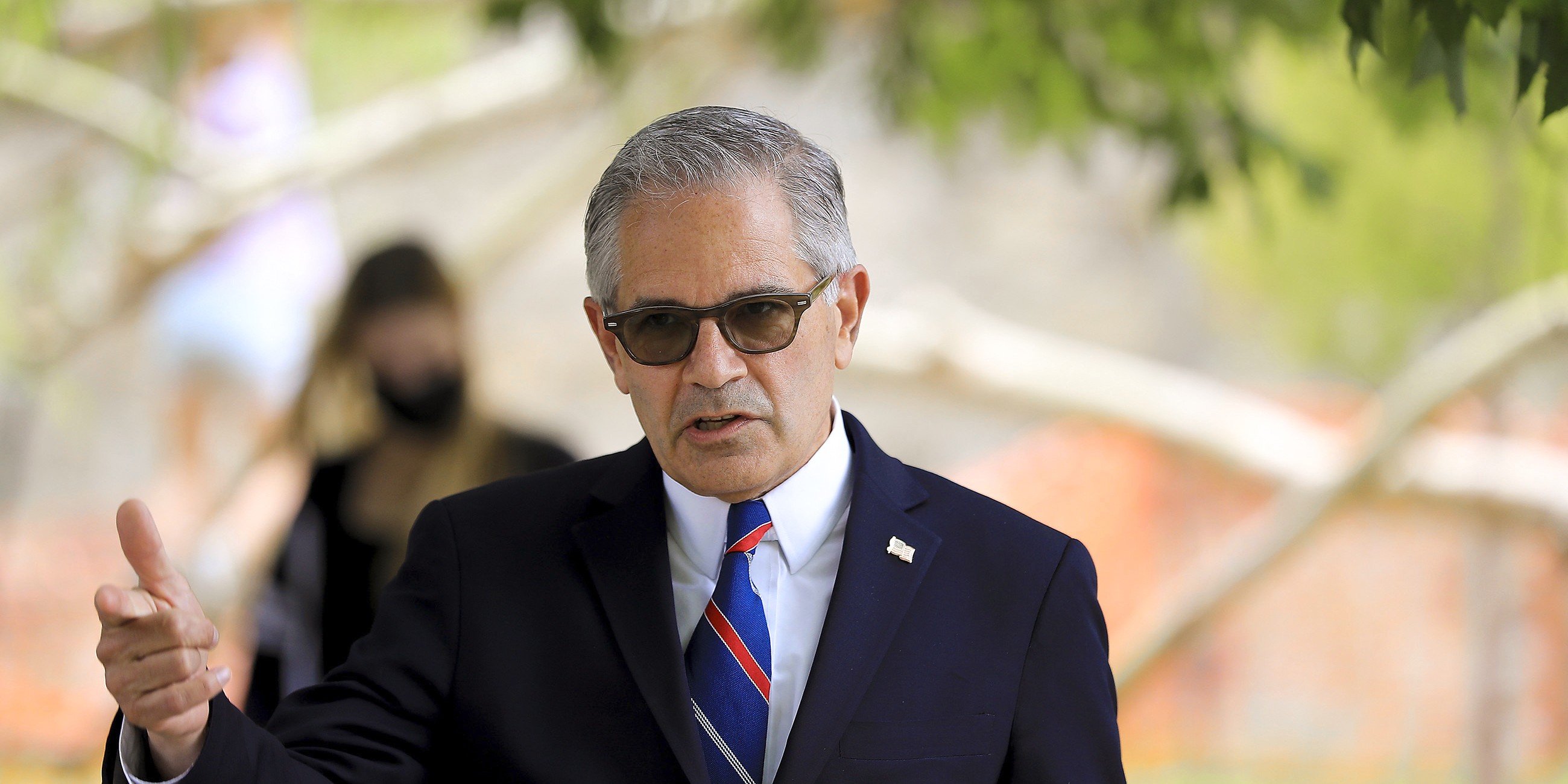 District attorney Larry Krasner talks to volunteers before they canvas around the Fairmount neighborhood in Philadelphia,  on Sunday, May 16, 2021. Voters will cast ballots Tuesday, May 18 in the Democratic Primary for Philadelphia District Attorney that pits reform-minded incumbent Krasner against veteran homicide prosecutor Carlos Vega, likely deciding the future of the office in the overwhelmingly Democratic city.   (David Maialetti/The Philadelphia Inquirer via AP)