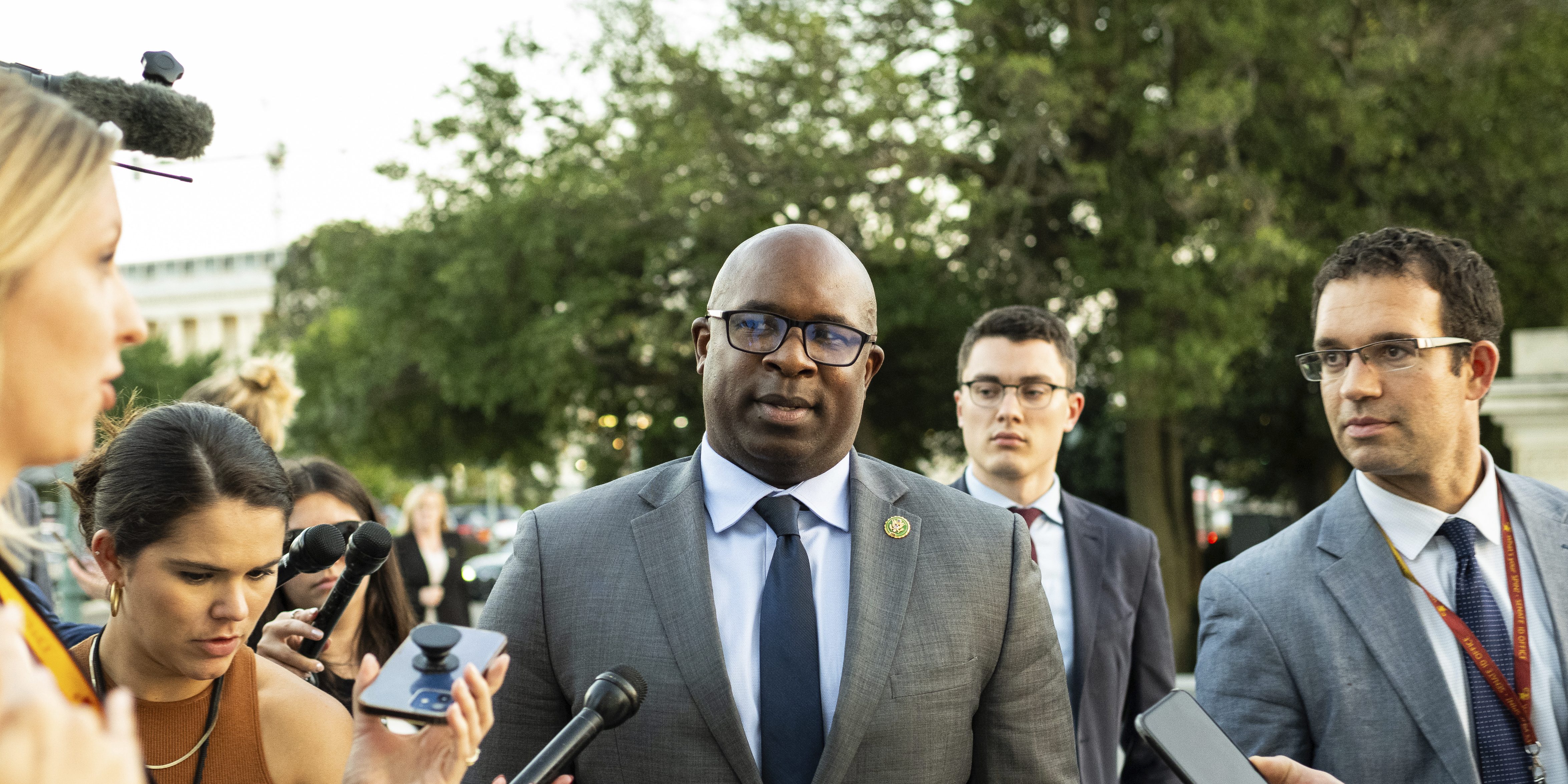 Representative Jamaal Bowman (D-N.Y.) speaks to media at the U.S. Capitol, in Washington, D.C., on Monday, October 2, 2023. (Graeme Sloan/Sipa USA)(Sipa via AP Images)