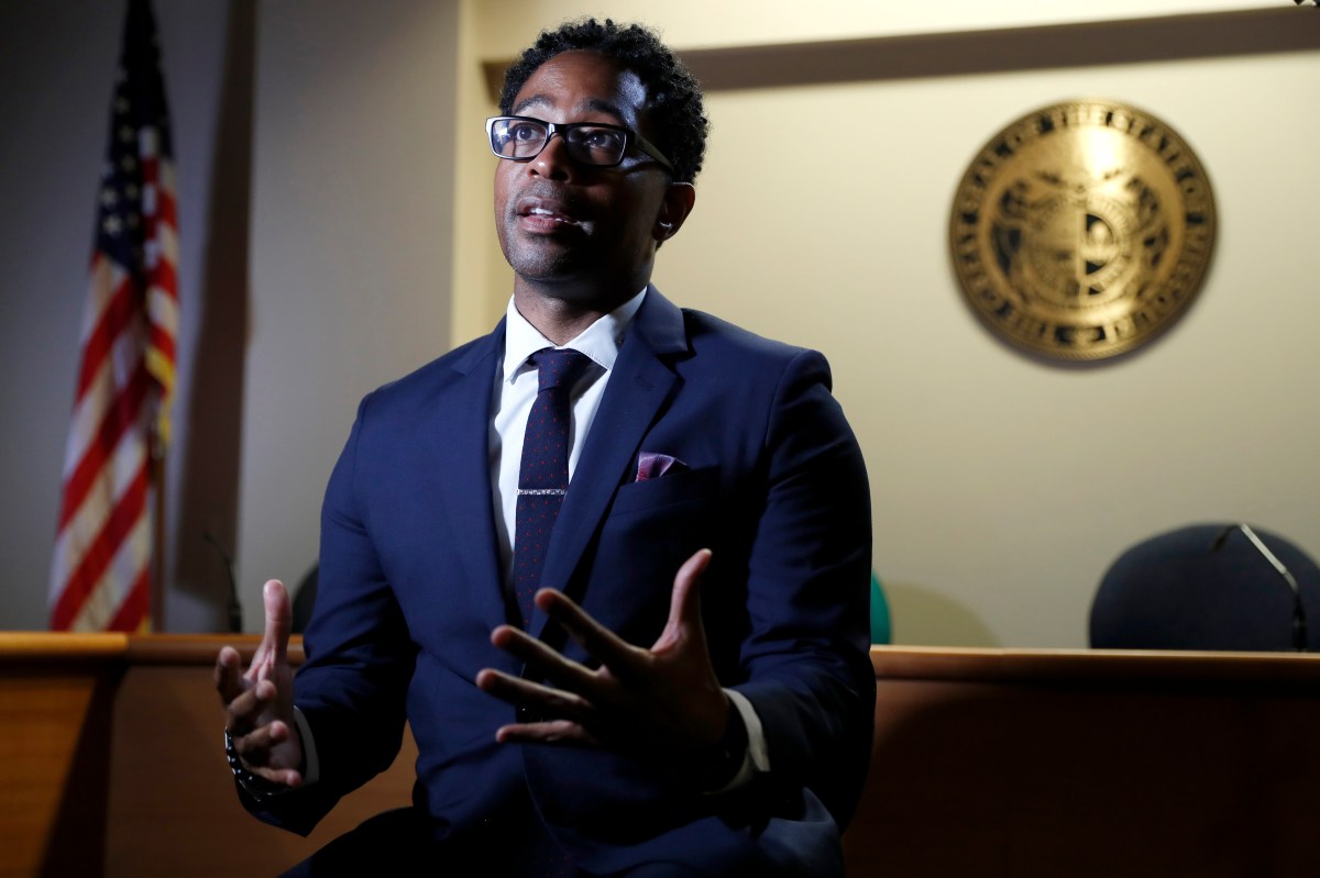 FILE - In this July 29, 2019 file photo, St. Louis County Prosecutor Wesley Bell speaks during an interview in Clayton, Mo.  Bell announced Monday, Oct. 30, 2023 he will drop his bid to unseat Republican U.S. Sen. Josh Hawley in 2024, and will instead make a run at a fellow Democrat in Congress — Cori Bush. (AP Photo/Jeff Roberson, file)