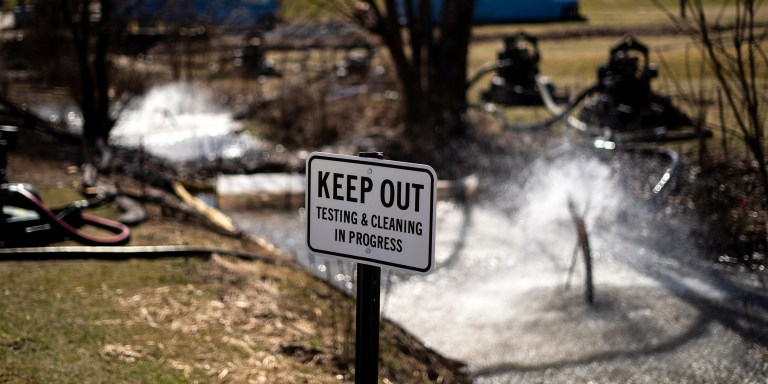 FILE - Cleanup of a creek is underway in the aftermath of a train derailment in East Palestine, Ohio, March 8, 2023. The Biden administration is initiating a formal evaluation of risks posed by vinyl chloride, the cancer-causing chemical that burned in a towering plume of toxic black smoke following a fiery train derailment earlier this year in eastern Ohio. (AP Photo/Matt Rourke, File)