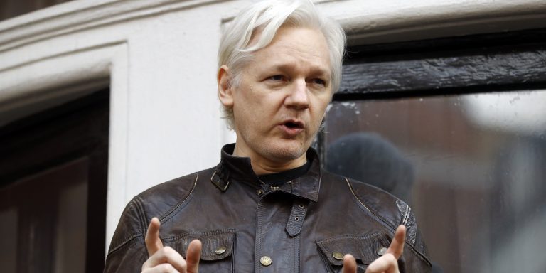 Julian Assange speaks to the media outside the Ecuadorian embassy in London, May 19, 2017.