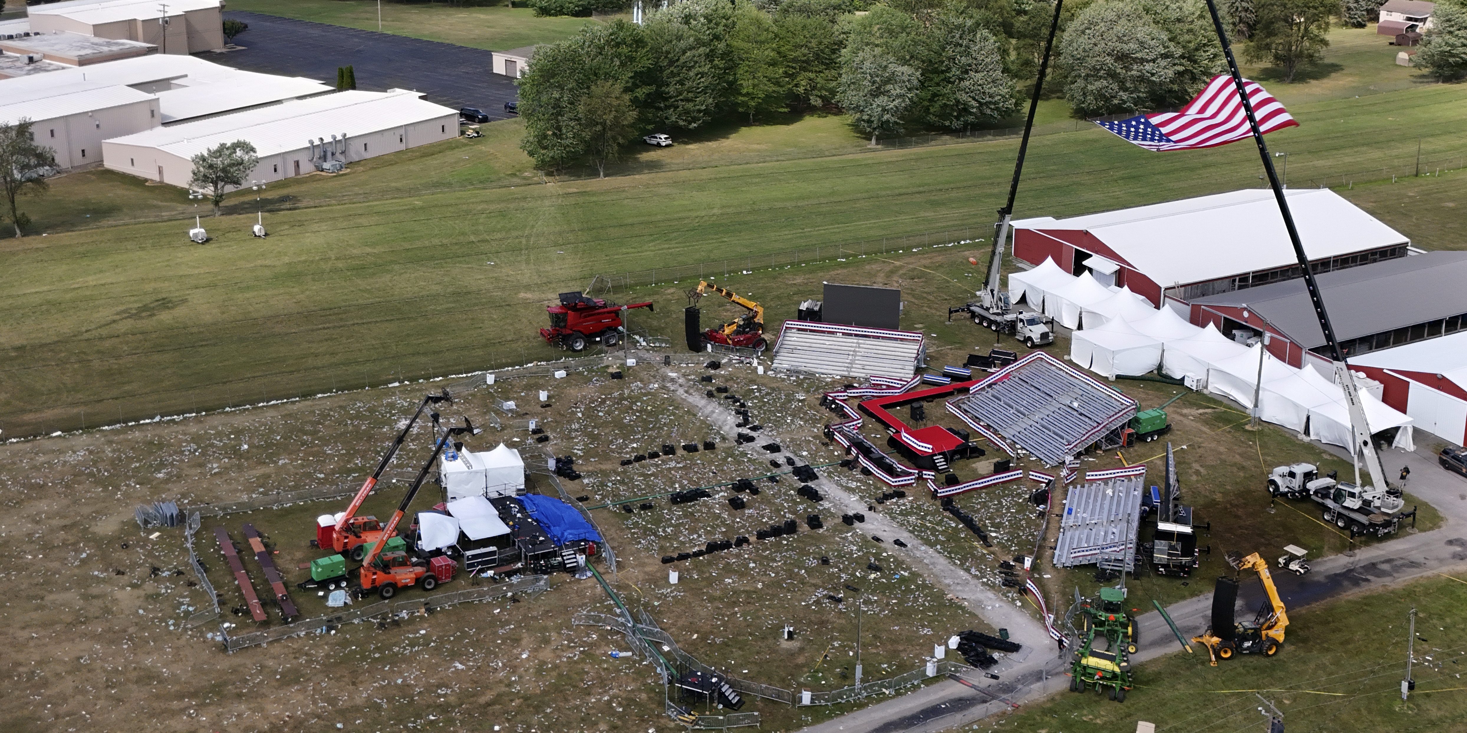 The Butler Farm Show, site of a campaign rally for Republican presidential candidate former President Donald Trump, is seen Monday July 15, 2024 in Butler, Pa. Trump was wounded on July 13 during an assassination attempt while speaking at the rally. (AP Photo/Gene J. Puskar)