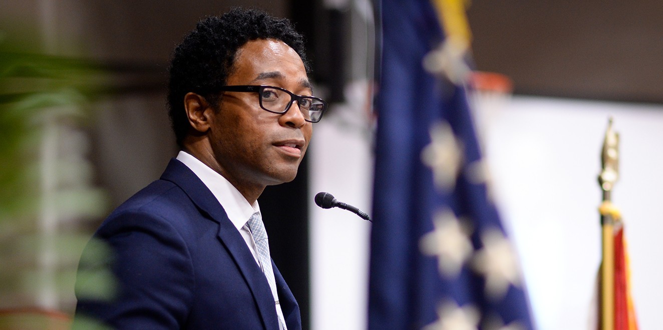 St. Louis County Prosecutor Wesley Bell delivers the keynote address during a Martin Luther King Jr. Celebration Event at the Monsanto Family YMCA on January 21, 2019 in St. Louis.