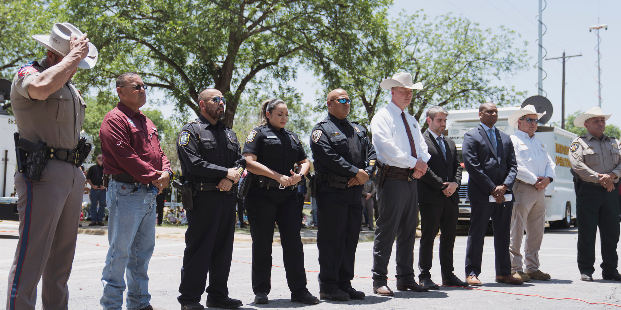 Law enforcement and other officials attend a press conference on May 26, 2022 in Uvalde, Texas.