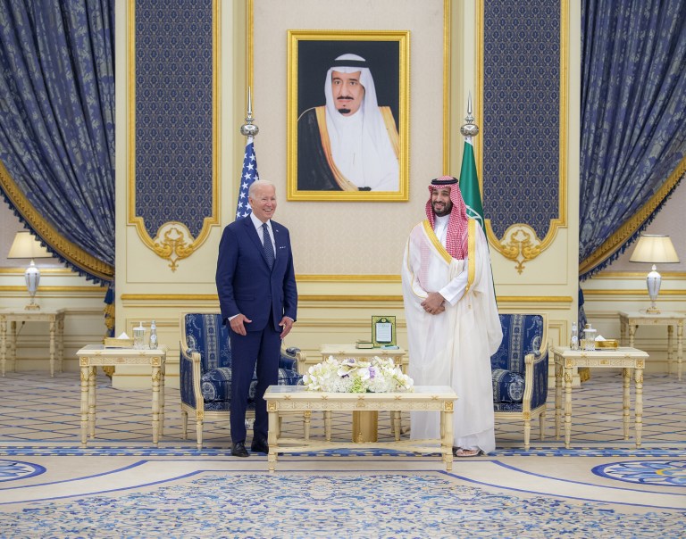 JEDDAH, SAUDI ARABIA - JULY 15: (----EDITORIAL USE ONLY â MANDATORY CREDIT - "ROYAL COURT OF SAUDI ARABIA / HANDOUT" - NO MARKETING NO ADVERTISING CAMPAIGNS - DISTRIBUTED AS A SERVICE TO CLIENTS----) US President Joe Biden (L) meets Saudi Arabian Crown Prince Mohammed bin Salman (R) at Alsalam Royal Palace in Jeddah, Saudi Arabia on July 15, 2022. (Photo by Royal Court of Saudi Arabia/Anadolu Agency via Getty Images)