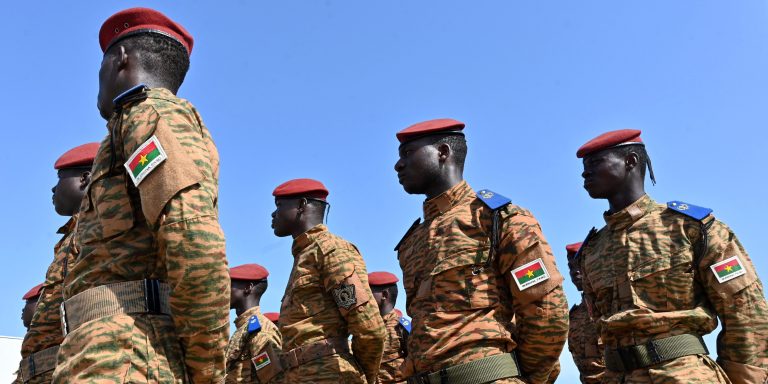 Burkina Faso soldiers take part in the annual US-led Flintlock military training closing ceremony hosted by the Internationl Counter-Terrorism Academy, in Jacqueville, on March 14, 2023. (Photo by Issouf SANOGO / AFP) (Photo by ISSOUF SANOGO/AFP via Getty Images)