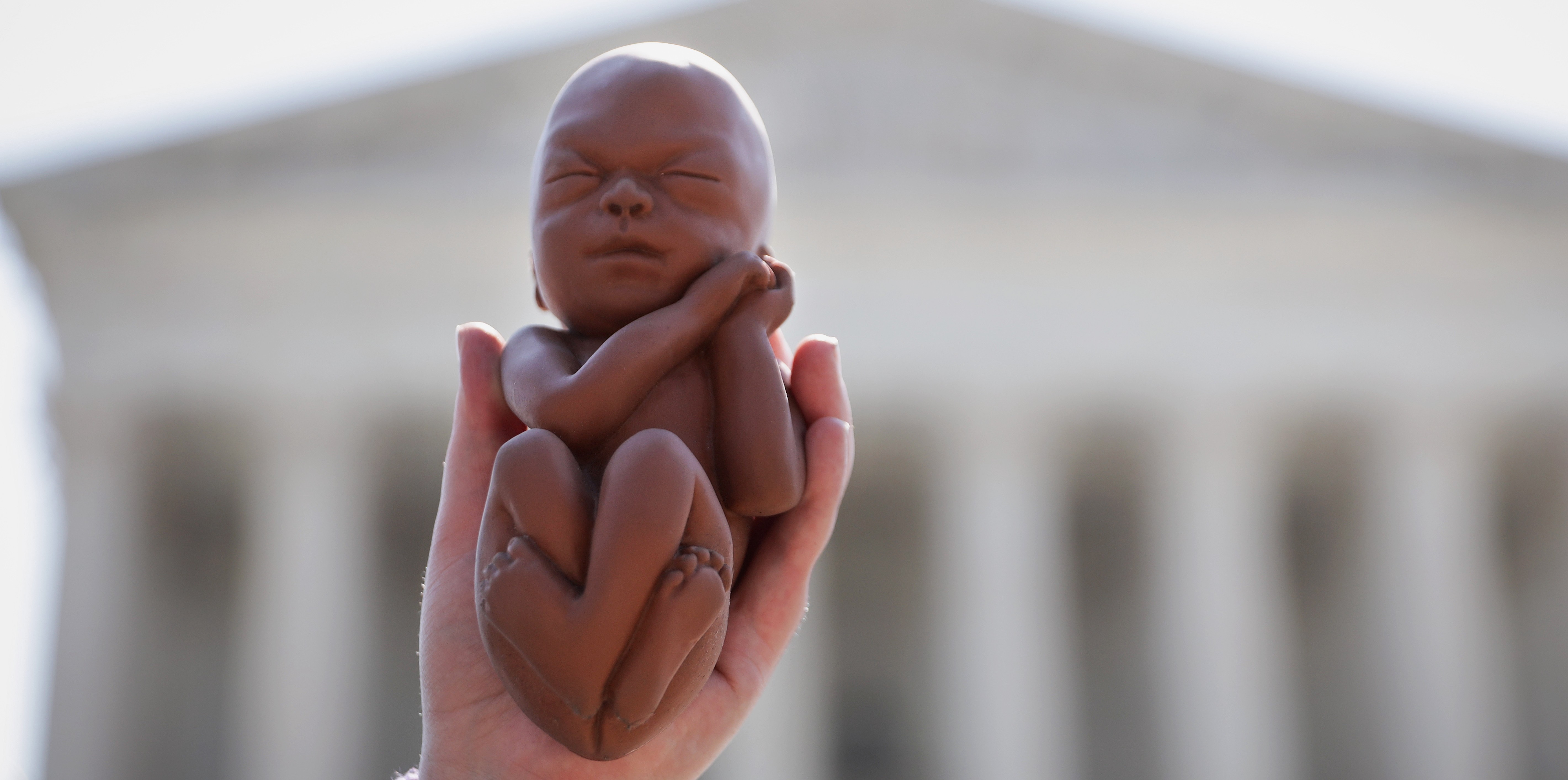 WASHINGTON, DC - JUNE 22:  A pro-life activist holds up a model of a fetus during a protest in front of the U.S. Supreme Court June 22, 2020 in Washington, DC. The Supreme Court is expected to issue a ruling on abortion rights soon. (Photo by Alex Wong/Getty Images)