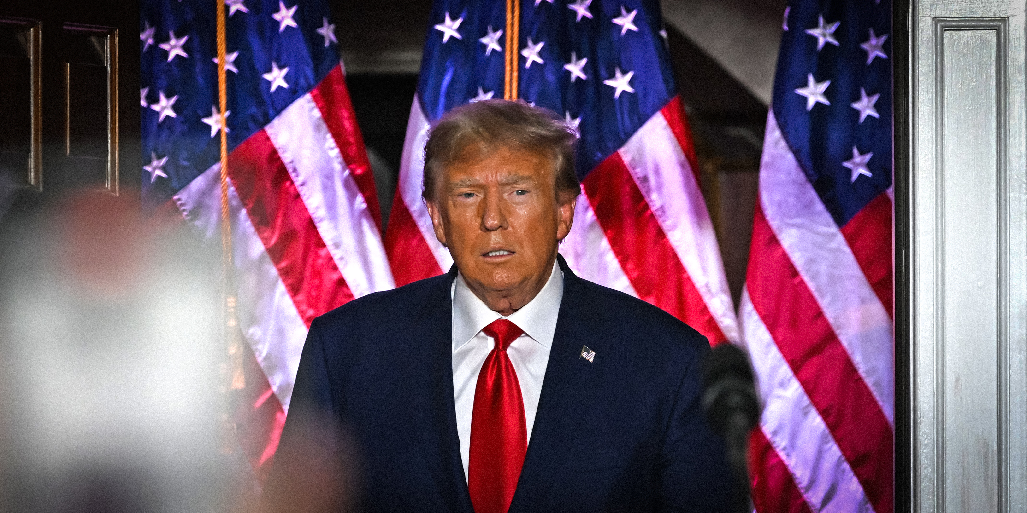 Former US President Donald Trump arrives to deliver remarks at Trump National Golf Club Bedminster in Bedminster, New Jersey, on June 13, 2023. Trump appeared in court in Miami for an arraignment regarding 37 federal charges, including violations of the Espionage Act, making false statements, and conspiracy regarding his mishandling of classified material after leaving office. (Photo by Ed JONES / AFP) (Photo by ED JONES/AFP via Getty Images)