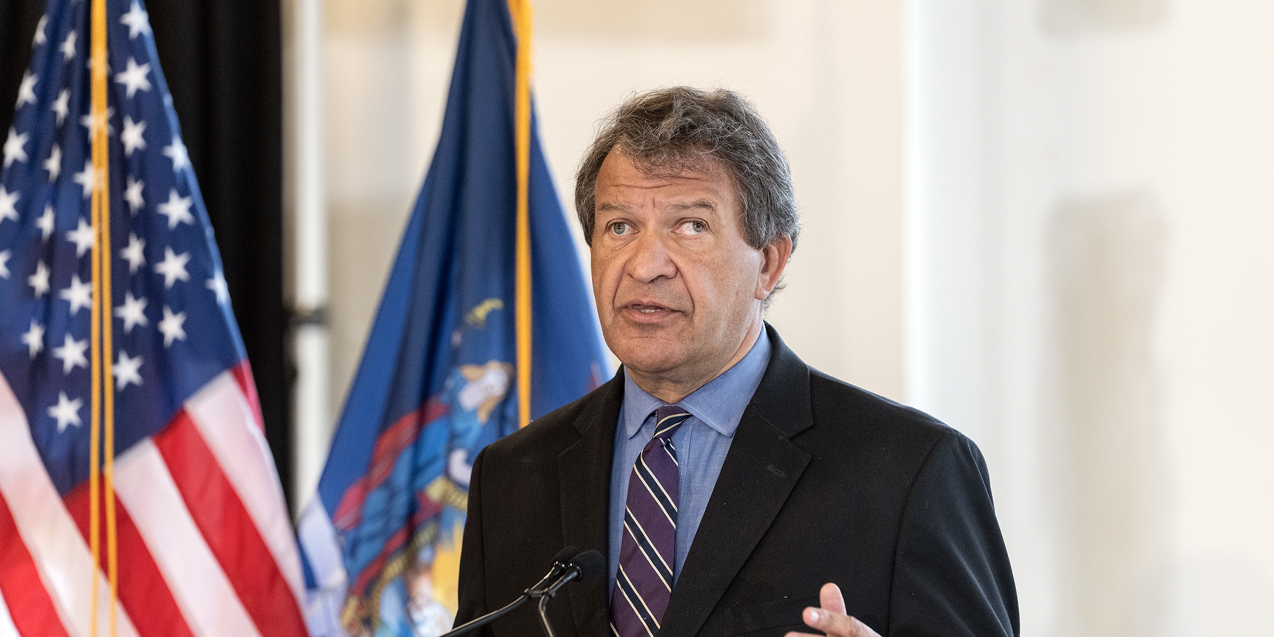 Westchester County Executive George Latimer speaks during Governor Kathy Hochul announcement of completion of Avalon Harrison near Metro-North station with 143 affordable units and easy access to trains at Avalon Harrison Transit-Oriented Development. Construction is the first in the state near train stations and is part of the Transit Oriented Development project. Governor Hochul made housing one of her main priorities. (Photo by Lev Radin/Pacific Press/LightRocket via Getty Images)