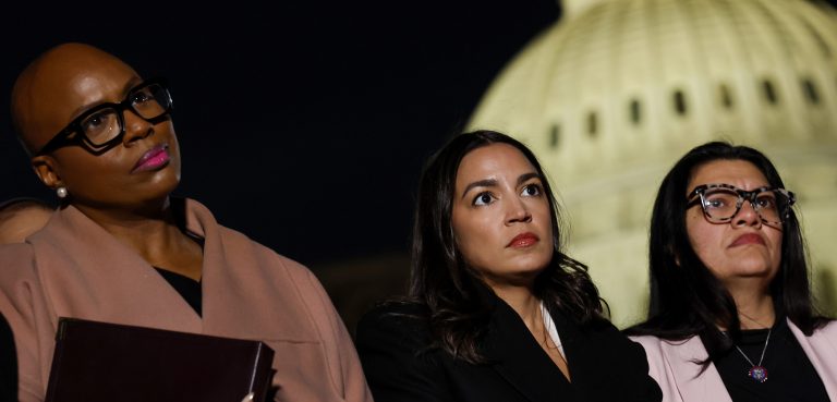 U.S. Rep. Ayanna Pressley (D-MA), U.S. Rep. Alexandria Ocasio-Cortez (D-NY), and Rep. Rashida Tlaib (D-MI) listen during a news conference calling for a ceasefire in Gaza outside the U.S. Capitol building on November 13, 2023 in Washington, DC.