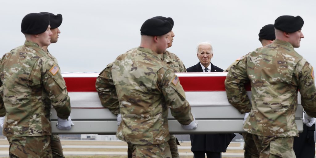 A U.S. Army carry team transports the remains of Army Sgt. Breonna Moffett, killed in a strike on a U.S. base in Jordan, at Dover Air Force Base on February 02, 2024.