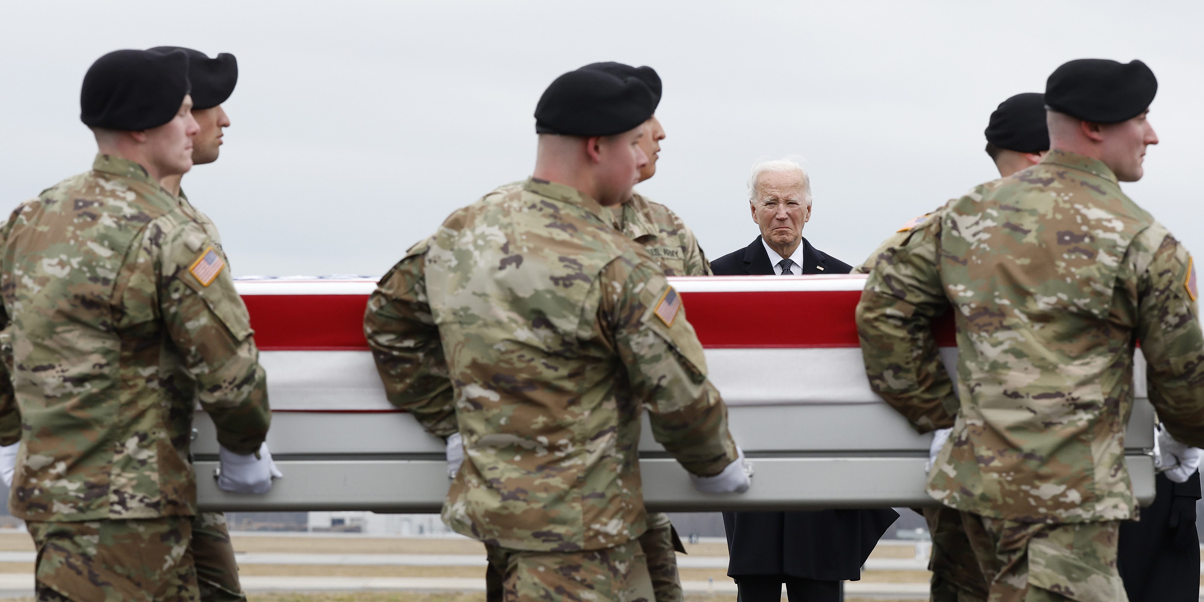 A U.S. Army carry team transports the remains of Army Sgt. Breonna Moffett, killed in a strike on a U.S. base in Jordan, at Dover Air Force Base on February 02, 2024.