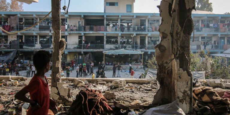 Damage to a school complex for displaced Palestinians, operated by the United Nations Relief and Works Agency (UNRWA), following an Israeli strike at the Nuseirat refugee camp in central Gaza, on Thursday, June 6, 2024.