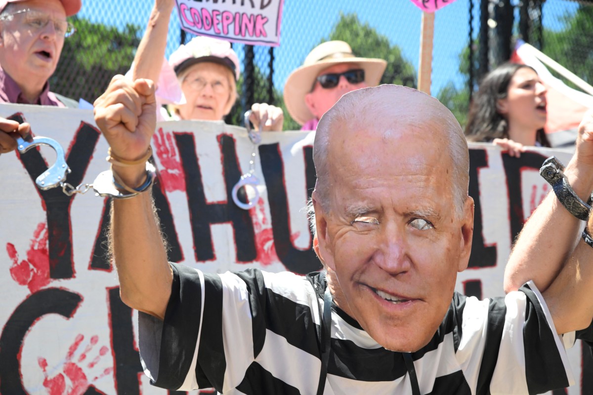 Pro-Palestinian protester wearing a mask depicting U.S. President Joe Biden in front of the White House June 8, 2024.