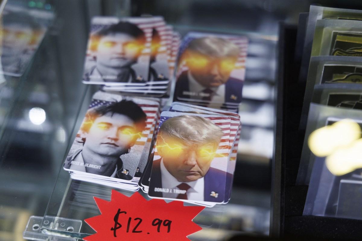 Cards featuring images of former US President Donald Trump and Ross Ulbricht, creator of Silk Road, displayed for sale at the Bitcoin 2024 conference in Nashville, Tennessee, US, on Saturday, July 27, 2024. Trump used to be a crypto critic but in recent weeks adopted a much friendlier stance alongside the sector's emergence as an influential player in the 2024 presidential election through big donations to a political action committee. Photographer: Brett Carlsen/Bloomberg via Getty Images