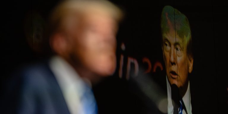 NASHVILLE, TENNESSEE - JULY 27: Former President and 2024 Republican presidential candidate Donald Trump gives a keynote speech on the third day of the Bitcoin 2024 conference at Music City Center July 27, 2024 in Nashville, Tennessee. The conference, which is aimed at bitcoin enthusiasts, features multiple vendor and entertainment spaces and seminars by celebrities and politicians. (Photo by Jon Cherry/Getty Images)