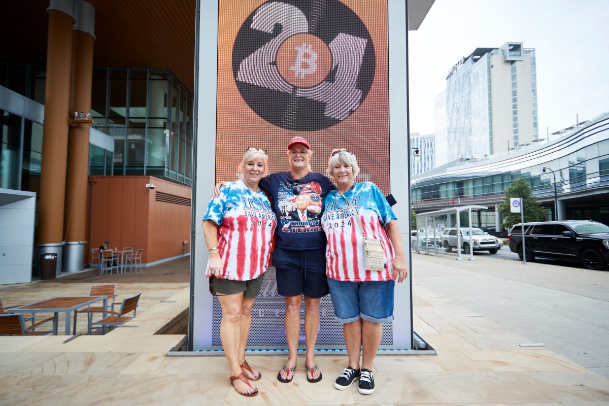 NASHVILLE, TN - People pose for a picture supporting Trump at the 2024 Bitcoin Conference in Nashville, TN. (Photo by Johnnie Izquierdo for The Washington Post via Getty Images)