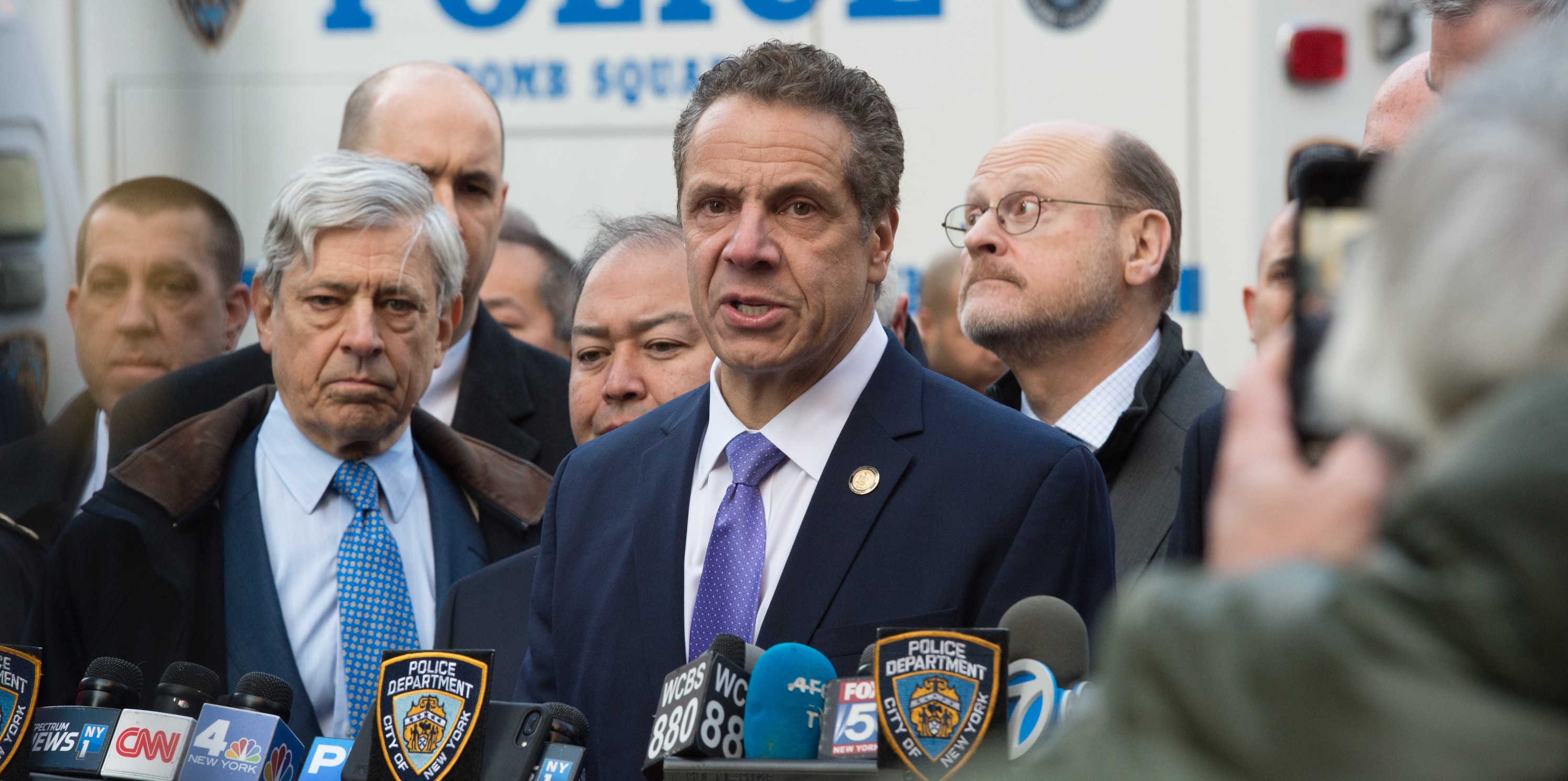 NY Governor Andrew Cuomo speaks at a press conference as police respond to a reported explosion at the Port Authority Bus Terminal on December 11, 2017 in New York.Four people were injured Monday in the blast that rocked a subway station in the heart of Manhattan, in what the city's mayor said was an "attempted terrorist attack." The blast -- which took place in the station at the Port Authority bus terminal, not far from New York's iconic Times Square -- sparked commuter panic and travel disruptions. / AFP PHOTO / Bryan R. Smith (Photo credit should read BRYAN R. SMITH/AFP/Getty Images)