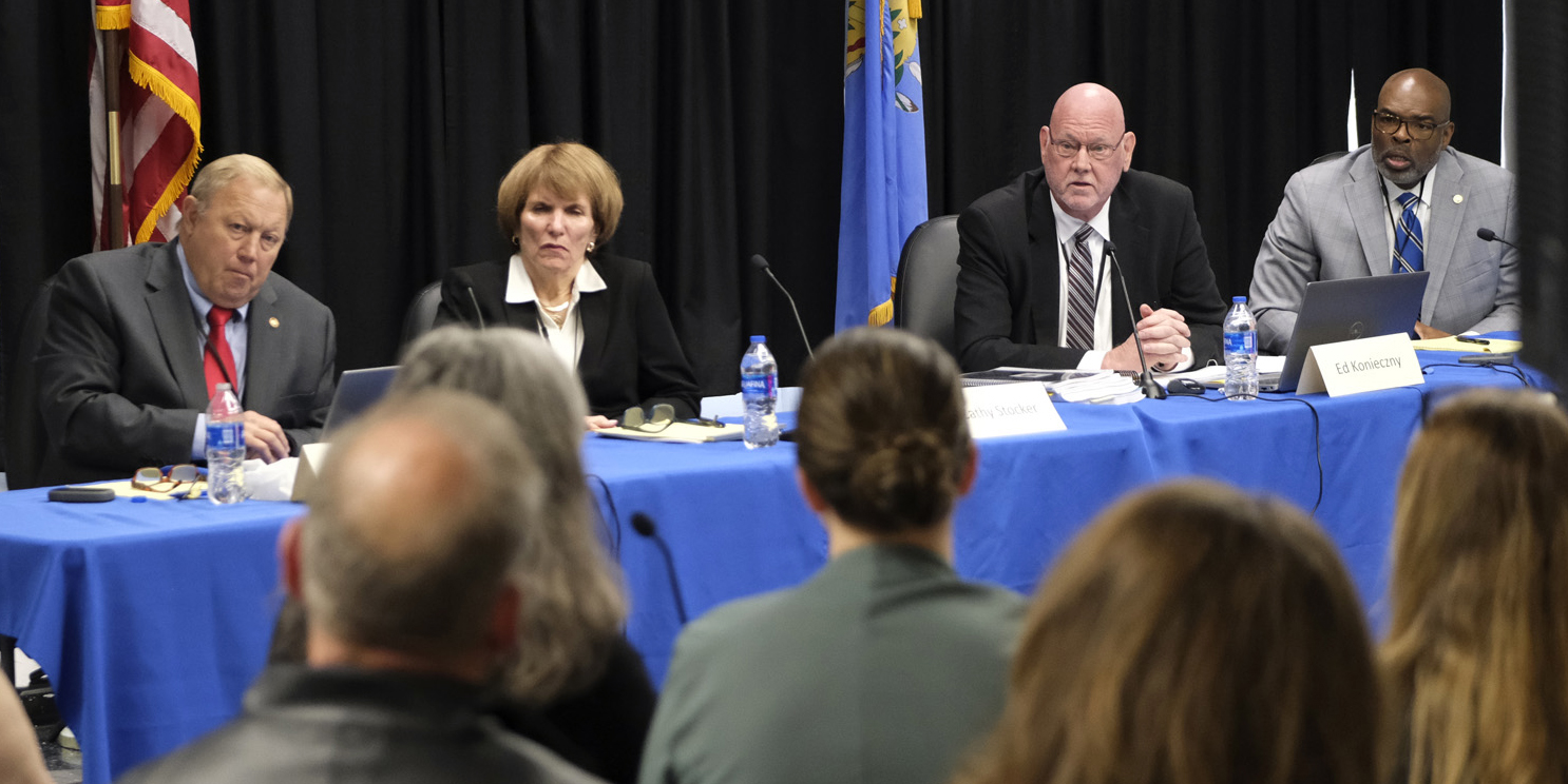 The board listens to the family of Barry Alan Van Treese at the Oklahoma Pardon and Parole Board clemency hearing for Richard Glossip, April 26, 2023.