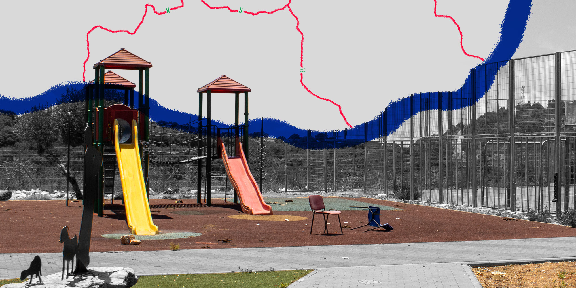 A school playground in Arab al-Aramshe, Israel, near the border with Lebanon, is littered with debris.